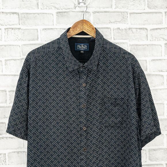Nat Nast Men's Silk Cotton Short Sleeve Button up Shirt blue geo print 2XL - Picture 4 of 6